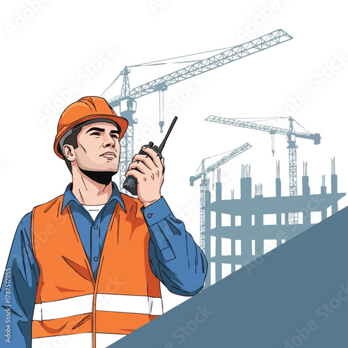A focused construction worker in an orange hard hat and safety vest communicates via walkie-talkie, overseeing a bustling urban development site with prominent cranes.