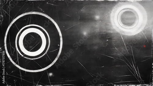 A chaotic, fast-paced abstract motion of white geometric circles against a black background, heavily layered with an old, damaged film reel and scratched vintage overlay effect.