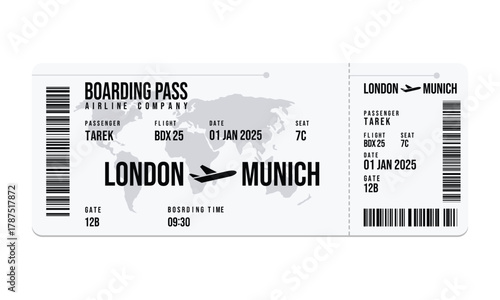 Authentic Flight Ticket Boarding Pass from London to Munich, Isolated