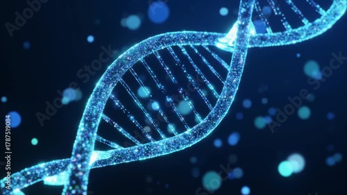 A seamless, abstract animation of a sparkling, blue double helix DNA strand rotating and floating in a dark, futuristic background with glowing particles and bokeh effects.