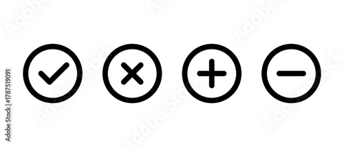 Check mark, cross, add, and remove icon in circular outline. Checkmark, X, plus, and minus sign