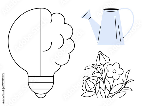 Brain-shaped lightbulb symbolizes creativity, energy. Watering can aids blooming flowers. Ideal for innovation, personal growth, teamwork, sustainability, education, inspiration self-development