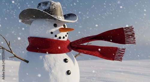 A cheerful snowman with a cowboy hat and red scarf stands in a snowy winter scene.