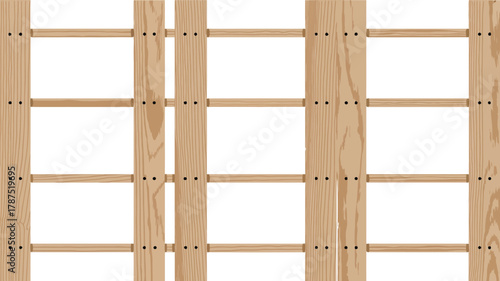 A top down view of a light brown wooden pallet with a white background and visible nail heads
