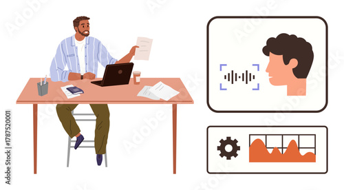 Man at desk analyzing papers, laptop, and voice interface visuals with sound waves and metrics. Ideal for AI, technology, innovation, data analysis, voice recognition, communication collaboration