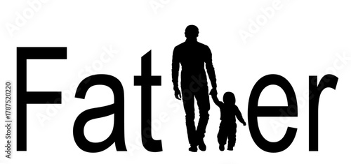 Father and son holding hands walking vector silhouette illustration isolated. Parent with son. Man and baby boy walk shape. Fathers day. Happy family closeness in public shadow. I love my dad.