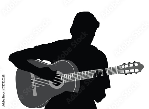 Man playing acoustic guitar vector silhouette illustration isolated. Classic music street performer concert. Musician artist amusement public. Virtuoso classic guitar. Boy play string instrument.