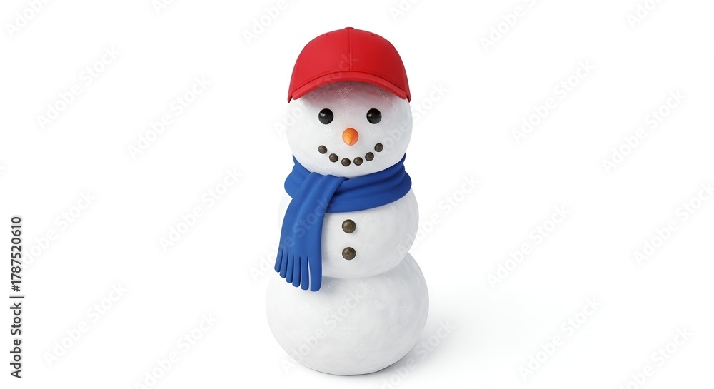 Fototapeta premium A happy snowman stands cheerfully, wearing a red cap and a blue scarf on white background.