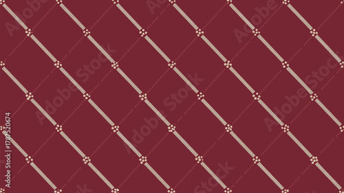 Maroon background with diagonal lines and small floral patterns in a repeating arrangement design