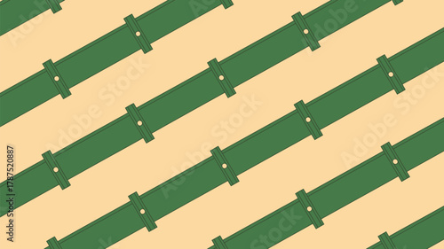 A repeating pattern of green straps with fasteners on a tan background arranged diagonally across frame