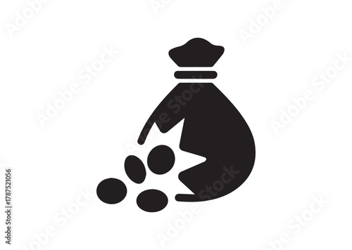 Bag of money with hole and coins icon, Bag of money with hole and coins solid vector