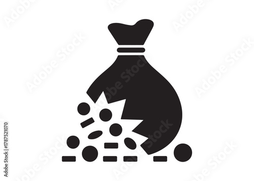 Bag of money with hole and coins icon, Bag of money with hole and coins solid vector