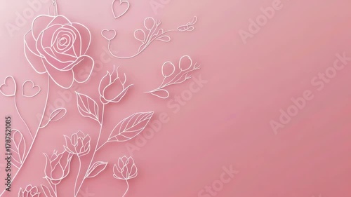 A pink background with a white flower design. The flower design has a heart in the middle. There are also some leaves and a stem