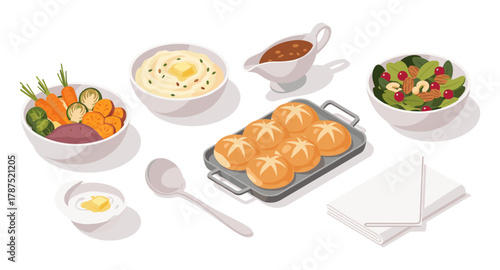 Thanksgiving meal with bread rolls, mashed potatoes, and vegetables in isometric style