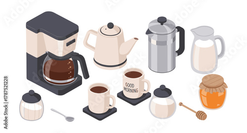 Isometric coffee set with french press, teapot, and honey jar