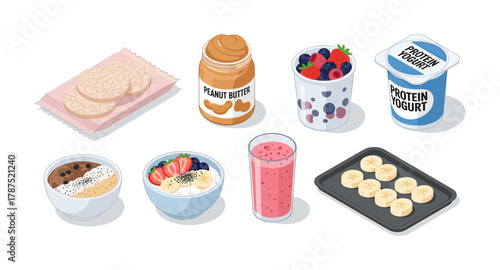 Healthy breakfast and snack ideas with yogurt, peanut butter, and fruits