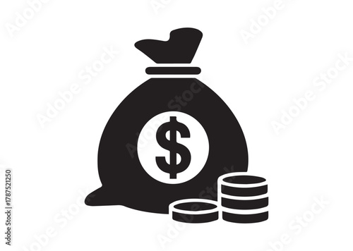 Bag of money with hole and coins icon, Bag of money with hole and coins solid vector