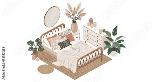 Cozy minimalist bedroom decor with plants and earthy tones