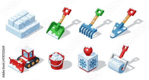 Winter construction toys isometric set with snowy tools and vehicles