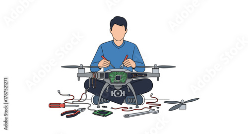 Enthusiast repairing drone with circuit board and tools in flat design