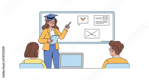 Teacher presenting in classroom setting with engaged students and interactive whiteboard