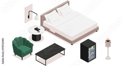 Cozy modern hotel room with bed, stylish furniture, mini fridge, and champagne