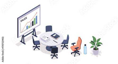 Isometric office meeting room with chairs, table, sales graph, and plant