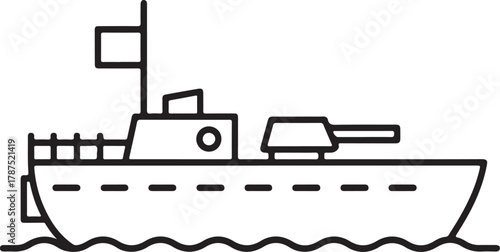 Simple outline drawing of a warship with cannon