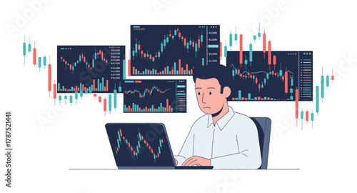 Trader analyzing financial markets with candlestick charts on laptop