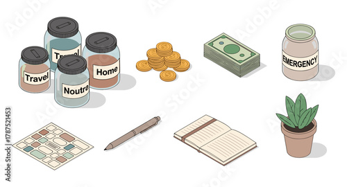 Financial planning icons set with jars, cash, coins, and office items in isometric style