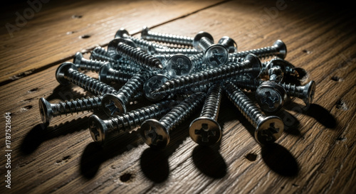 Metal screws with crosshead drives scattered on dark rustic wooden surface under dramatic light