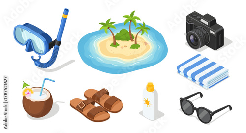 Isometric beach essentials with tropical island and vacation accessories
