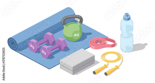 Isometric fitness equipment set with weights, mat, and accessories for home gym