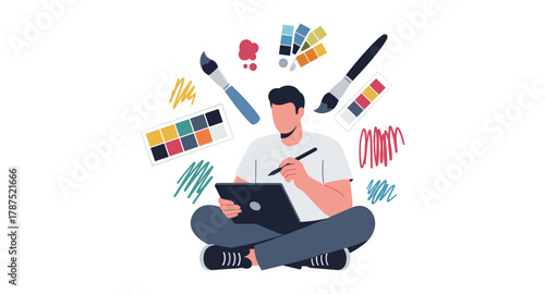 Creative designer sketching on tablet with color palettes and brushes in modern style