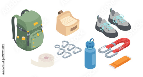 Essential climbing gear collection with backpack, shoes, chalk, and water bottle in isometric style