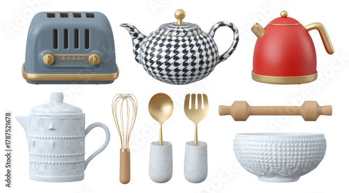 Elegant 3D Collection of Kitchenware Items on Isolated Transparent Background