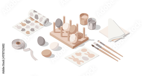 Easter crafts setup: pastel egg painting and bunny stencils in isometric design