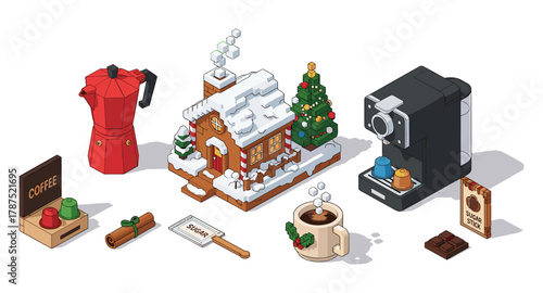 Festive winter coffee scene: isometric gingerbread house and espresso elements