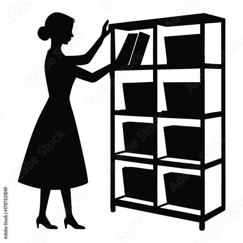 Woman arranging books on bookshelf silhouette vector clip art isolated art