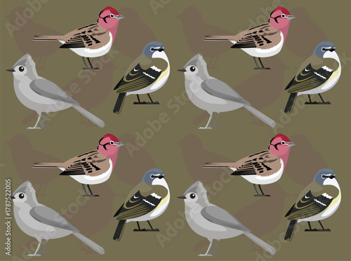 Vireo Titmouse Finch Cartoon Character Seamless Wallpaper Background