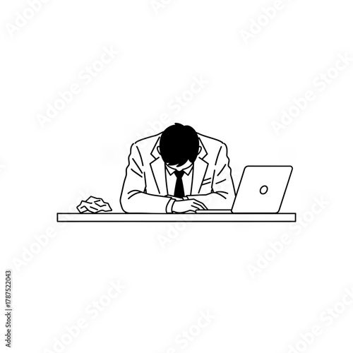 Minimal black and white illustration of a tired businessman resting his head on a desk beside a laptop, symbolizing stress, burnout, and work fatigue
