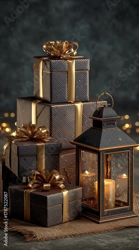 Stack of wrapped Christmas presents with golden ribbons beside a glowing lantern