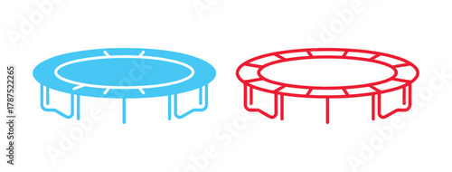 Two trampolines, one in blue and one in red, stand side by side, , perfect for bouncing fun and fitness activities