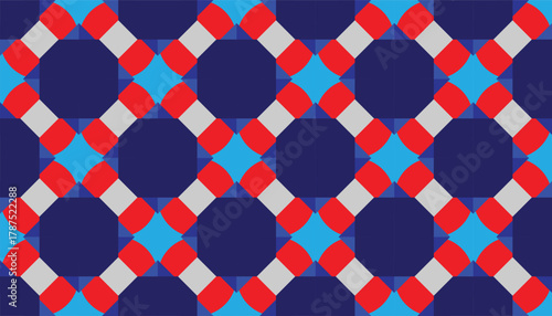 A vibrant geometric pattern featuring interlocking circles and diamond shapes in bold red, light blue, and deep navy tones. The repeating structure creates a dynamic and rhythmic visual effect
