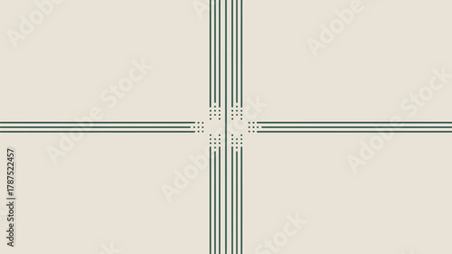 Abstract cross pattern formed by green stripes and dots on a light beige colored background plain simple