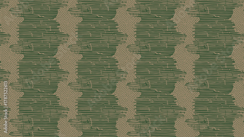 A repeating pattern of green horizontal lines with tan dotted shapes in a seamless arrangement style
