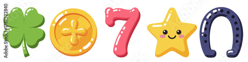 Colorful lucky symbols including shamrock, star, and horseshoe  