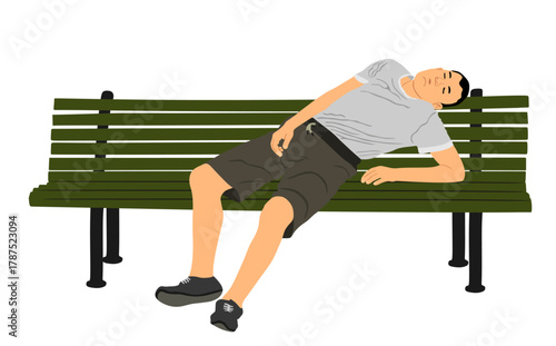 Homeless man sleeping on bench street in park vector illustration. Migrant resting male. Social crises. Refugee boy sleep. Unconscious collapsed man drugs addict. Tired drunk boy rest outdoor in park.