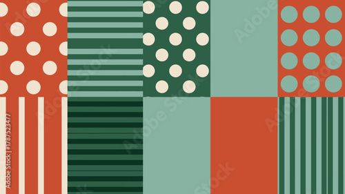 Colorful patchwork of geometric patterns with polka dots and stripes in various arrangements