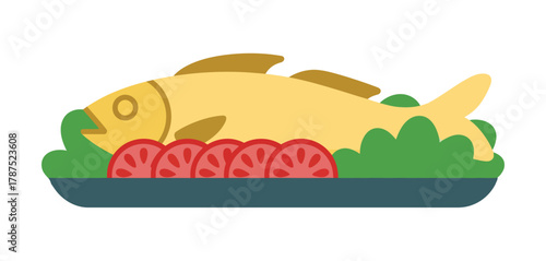 Deliciously prepared fish dish with fresh tomato slices and green garnish on a plate, a healthy and flavorful meal